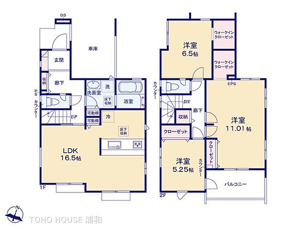 3号棟【間取り図】1階LDK16.5帖、2階11帖・6.5帖・5.25帖