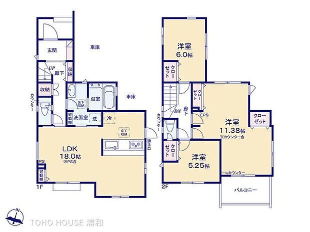 12号棟【間取り図】1階LDK18帖、2階11.38帖・6帖・5.25帖