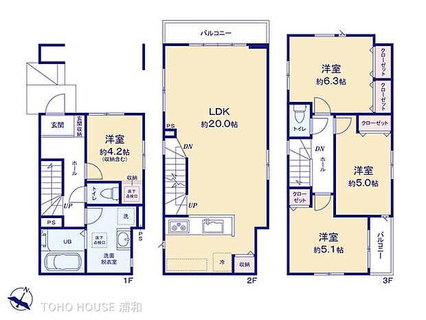 1号棟【間取り図】LDK広々20帖、オープンキッチン、バルコニー2か所。