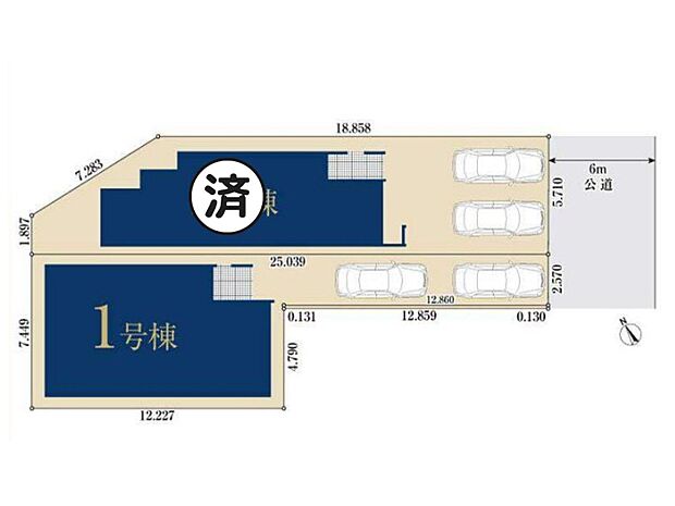 【区画図】各棟駐車2台(2号棟並列・1号棟縦列)交通量少ない公道、東南6m・道路向かいは公園の広場