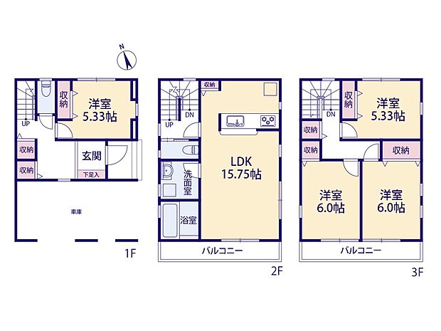 1号棟【間取り図】1階洋室5.33帖、2階LDK15.75帖、3階洋室5.33帖・6帖・6帖