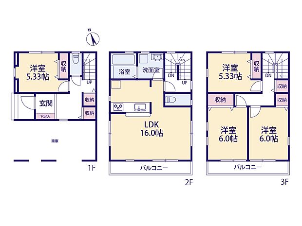 2号棟【間取り図】1階洋室5.33帖、2階LDK16帖、3階洋室5.33帖・6帖・6帖