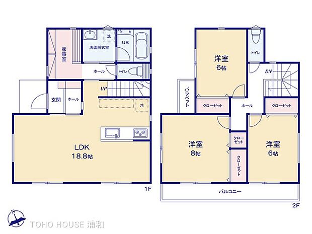 【A号棟 間取り】1階フロアにカウンタースペースのあるクローク収納・ワイドバルコニーのあるプラン