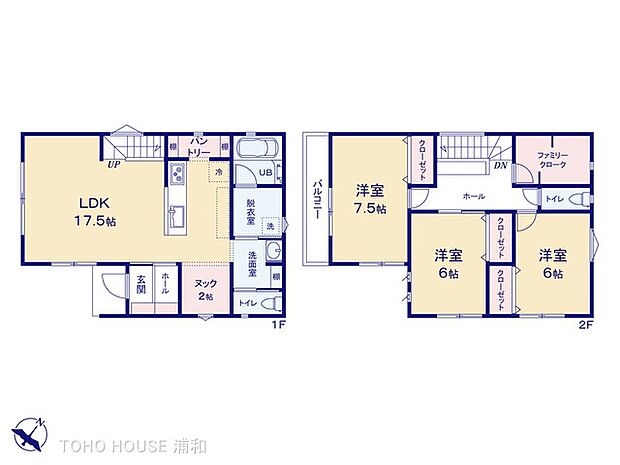 【B号棟 間取り】1階フリースペース2帖とパントリー収納、2階ファミリークロークのある大収納プラン・洗面と脱衣スペースを分離