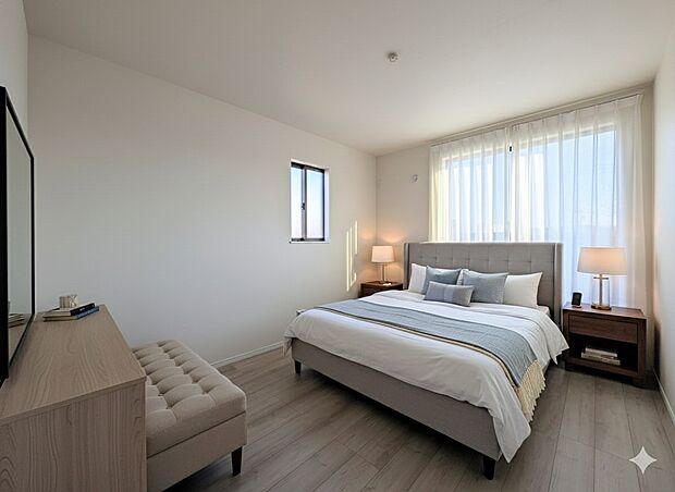 【寝室】シンプルな内装はおしゃれのポイントです。シンプルは華美より飽きがこないからです。色や模様でおしゃれ感をだす。それがシンプルイズビューティーです。