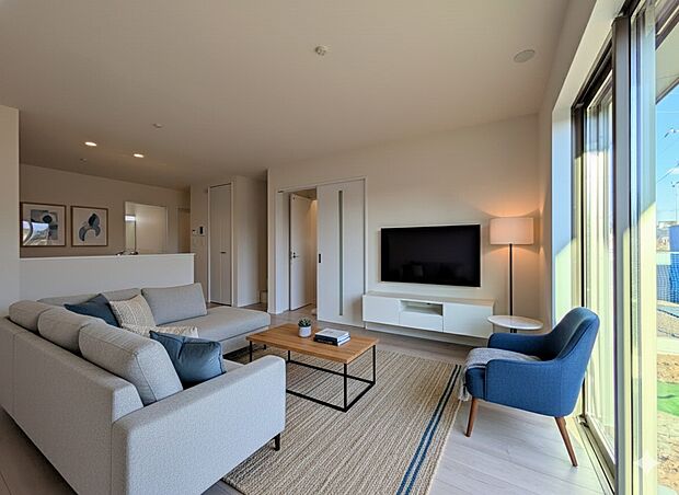 【リビングダイニング】リビングにいるお子様と会話をしながら家事ができるカウンターキッチン。いま手があいているか、忙しそうなのか相手の様子を伺いながらコミュニケーションをとる訓練にもなります。…