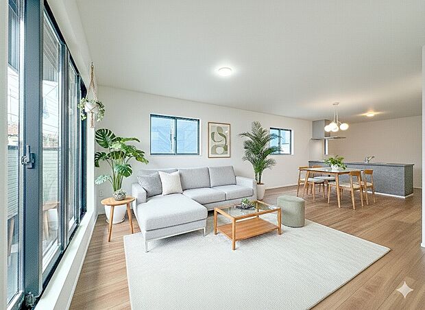 3号棟【LDK20.7帖＋床暖房】光が溢れ、風も溢れ、居心地のよい住空間、自然体で過ごせる住空間にリビングを。※現況の物件写真に、CGによる画像処理（家具等の配置）がされています。