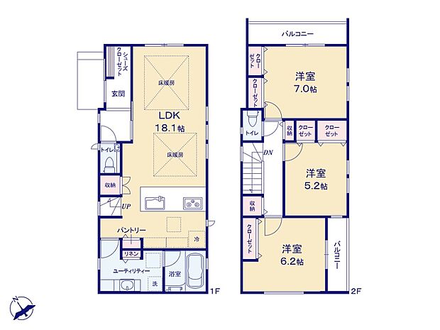 2号棟【間取り図】LDK18.1帖、電動シャッター、床暖房