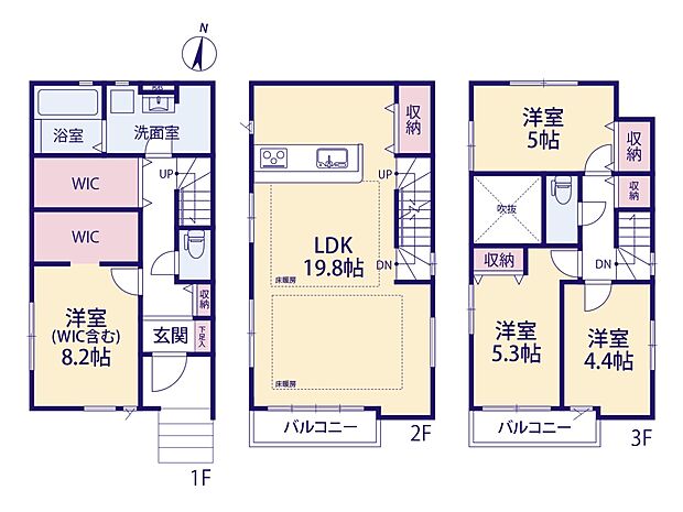 1号棟【間取り図】LDK19.8帖、床暖房、ウォークインクローゼット2ヵ所