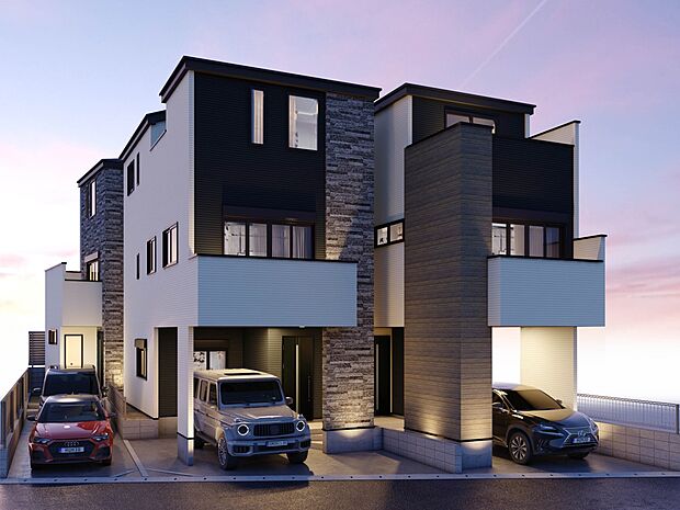 【-完成予想パース-】  堂々たるファザード。優美に佇む外観。暮らす家族と来訪者の目をの楽しませる演出。