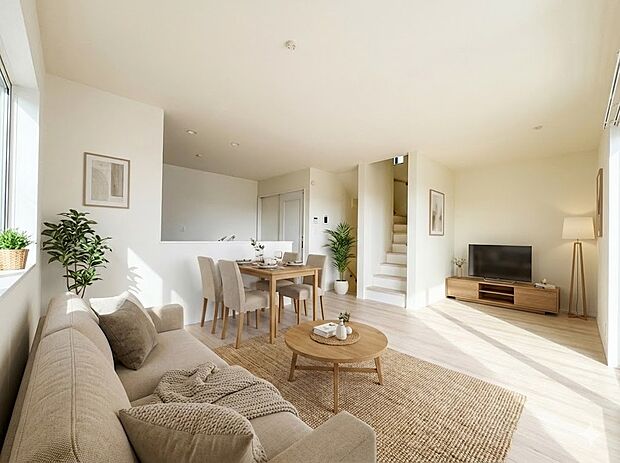 2号棟【LDK17.25帖】シンプルなデザインの家は風情がある。住む人のこだわりを感じる。外観も内装もいたってシンプル。居心地がよく、家事や趣味、子育てなどにも集中できる。家も人間も熟成する…