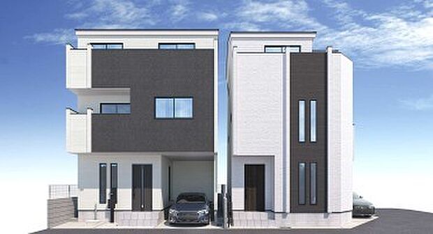 【-完成予想パース-】  堂々たるファザード。優美に佇む外観。暮らす家族と来訪者の目をの楽しませる演出。