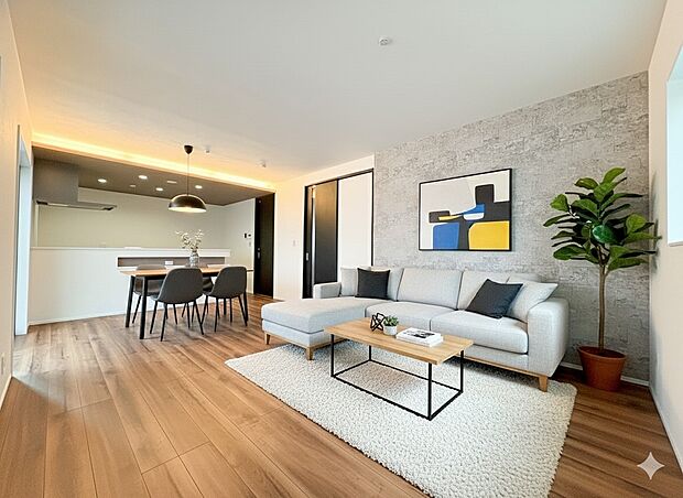 1号棟【LDK】アクセントクロスが映えるリビングスペース※家具はCGです。