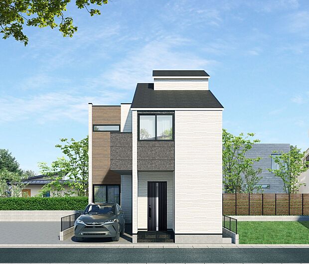 【-完成予想パース-正面】堂々たるファザード。優美に佇む外観。暮らす家族と来訪者の目をの楽しませる演出。