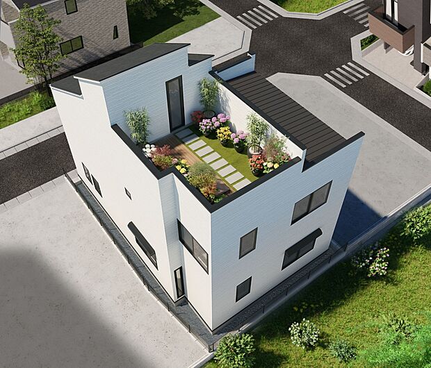 【-完成予想パース-上から】屋上にはスカイデッキ9.5帖があります。天体観測、お子様のプール、屋上庭園など使い方はオーナー様次第です。