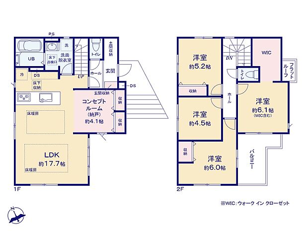 【間取り】17.7帖＋4.1帖の広々としたLDK、大型のWICが魅力的な間取りです。
