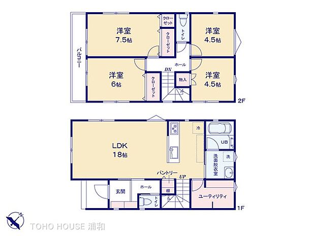 【D号棟 間取り】2階4部屋プラン・キッチン周りにパントリー収納とユーティリティカウンターのあるクローゼットを設計