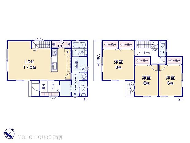 【Ｃ号棟 間取り】玄関ホールと洗面室につながるクロークスペース・脱衣洗濯機と洗面台を分離した設計・主寝室8帖＋ダブルクローゼット