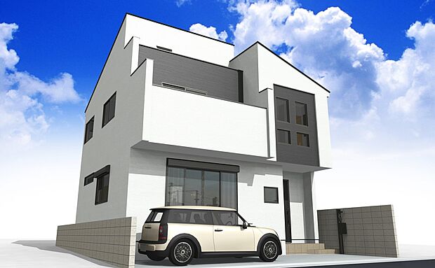 【-完成予想パース-】  堂々たるファザード。優美に佇む外観。暮らす家族と来訪者の目をの楽しませる演出。