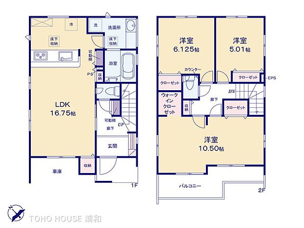 6号棟【間取り図】LDK16.75帖、洋室10.5帖・6.125帖、5.01帖
