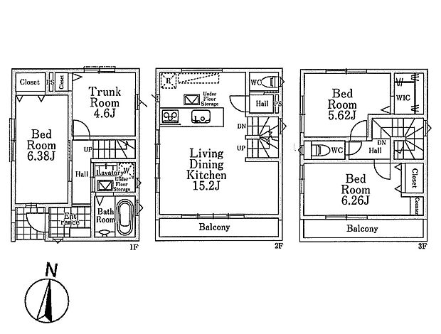 【間取り図】LDK15.2帖＋南バルコニー
