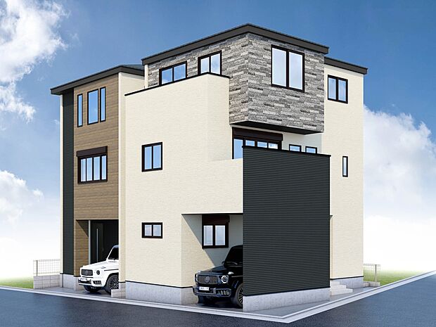 【-完成予想パース-】無垢でモダンな外観と内装は、明るい陽光に映え、程よいデザイン性を追求した形です。