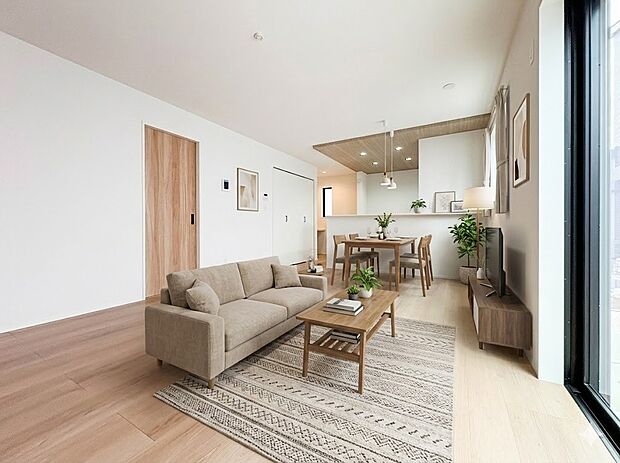 【LDK 16.75帖】シンプルなデザインの家は風情がある。住む人のこだわりを感じる。外観も内装もいたってシンプル。居心地がよく、家事や趣味、子育てなどにも集中できる。家も人間も熟成するほど…