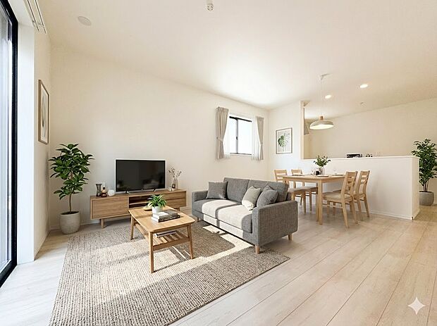 【リビングダイニング15帖】リビングにいるお子様と会話をしながら家事ができるカウンターキッチン。いま手があいているか、忙しそうなのか相手の様子を伺いながらコミュニケーションをとる訓練にもなり…