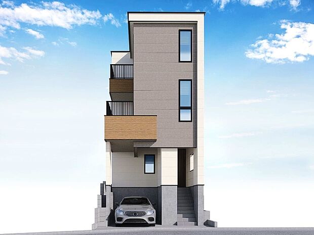 【1号棟 完成予想図】スタイリッシュにデザイン性高い外観・リビングの吹き抜けや各部屋に、複数方位の採光窓を配置・オンリーワンのデザイン住宅