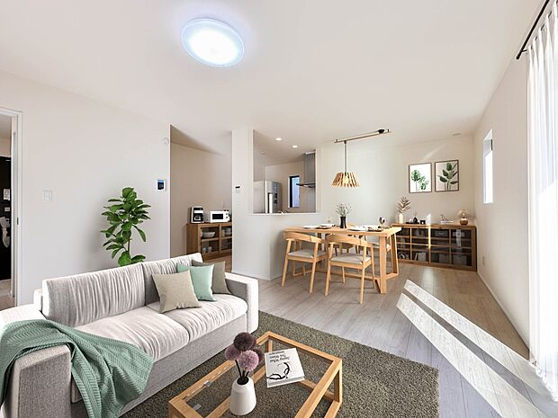 【リビングダイニング】シンプルなデザインの家は風情がある。住む人のこだわりを感じる。外観も内装もいたってシンプル。居心地がよく、家事や趣味、子育てなどにも集中できる。CG加工にて家具を配置し…