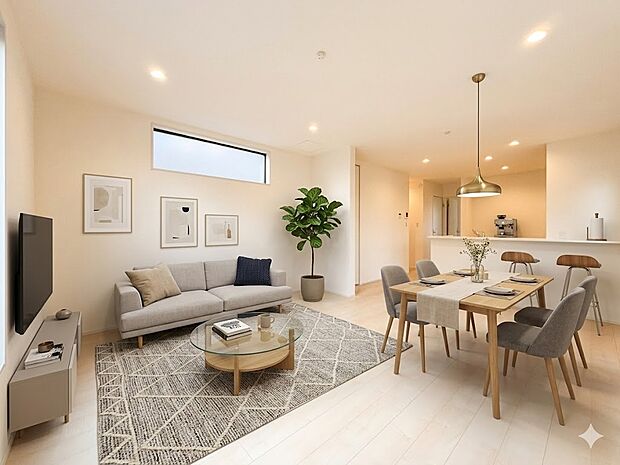 1号棟【LDK19.25帖】シンプルなデザインの家は風情がある。住む人のこだわりを感じる。外観も内装もいたってシンプル。居心地がよく、家事や趣味、子育てなどにも集中できる。家も人間も熟成する…