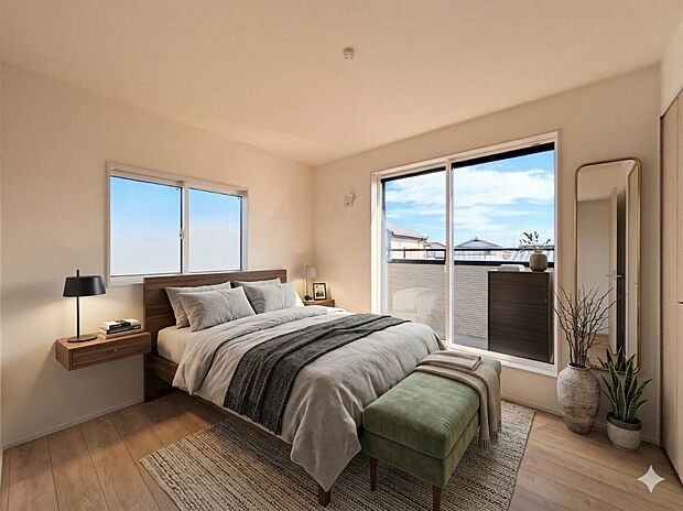 【寝室】シンプルな内装はおしゃれのポイントです。シンプルは華美より飽きがこないからです。色や模様でおしゃれ感をだす。それがシンプルイズビューティーです。