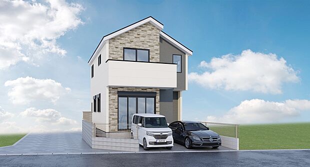 【-完成予想パース-】  堂々たるファザード。優美に佇む外観。暮らす家族と来訪者の目をの楽しませる演出。