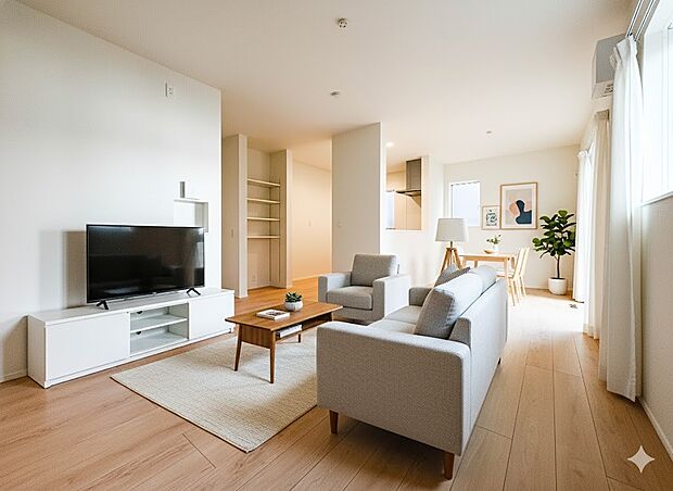 【リビングダイニング】シンプルなデザインの家は風情がある。住む人のこだわりを感じる。外観も内装もいたってシンプル。居心地がよく、家事や趣味、子育てなどにも集中できる。家も人間も熟成するほどシ…