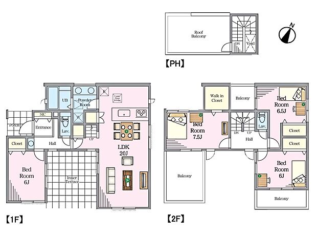 【間取り】1F：LDK20帖/洋室6帖　2F：洋室7.5帖/洋室6.5帖/洋室6帖　＋ルーフバルコニー