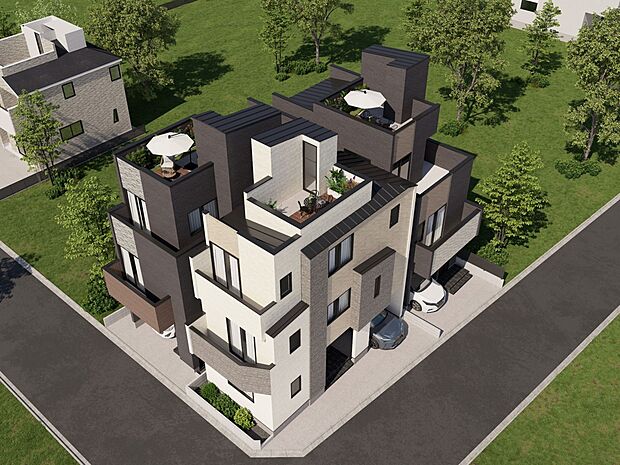 【完成イメージ図】無垢でモダンな外観と内装は、明るい陽光に映え、心地よく健やかな毎日を楽しむ暮らし方をデザインしました。