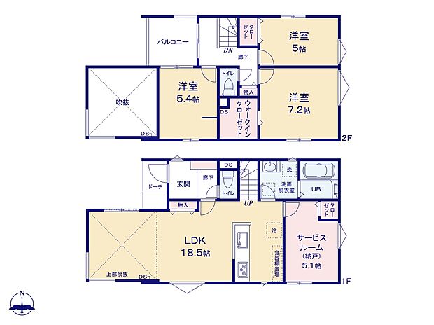 【間取り図】4LDK　LDK18.5帖　LDK上部吹き抜け