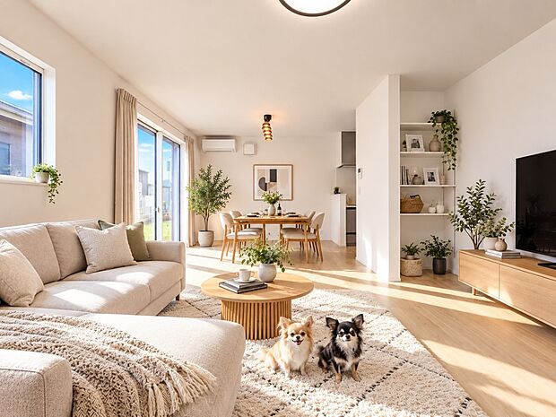 【リビングダイニング】シンプルなデザインの家は風情がある。住む人のこだわりを感じる。外観も内装もいたってシンプル。居心地がよく、家事や趣味、子育てなどにも集中できる。家も人間も熟成するほどシ…