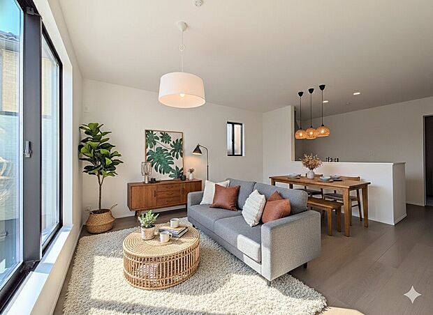 【リビングダイニング】シンプルなデザインの家は風情がある。住む人のこだわりを感じる。外観も内装もいたってシンプル。居心地がよく、家事や趣味、子育てなどにも集中できる。家も人間も熟成するほどシ…