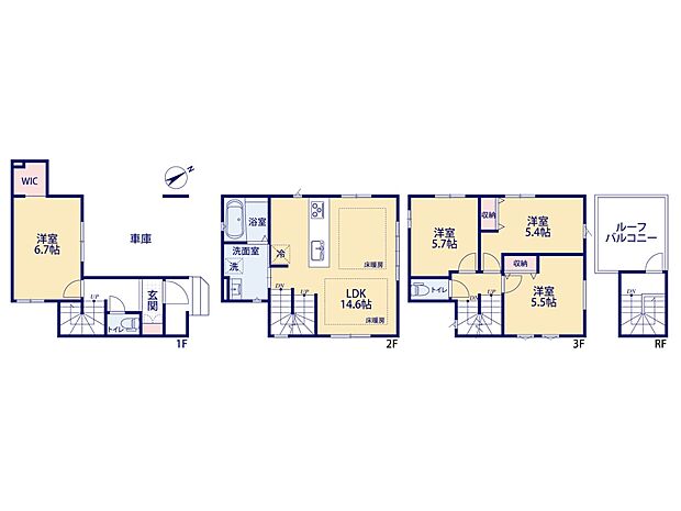 【2号棟-4LDK】LDK14.6帖 対面キッチン 2階水廻り集中プラン ルーフバルコニー