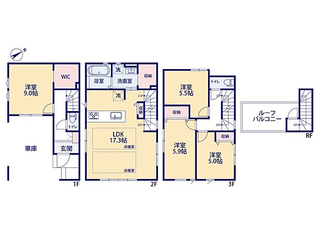 【3号棟-4LDK】LDK17.3帖　対面キッチン　2階水廻り集中プラン　リネン庫　ルーフバルコニー