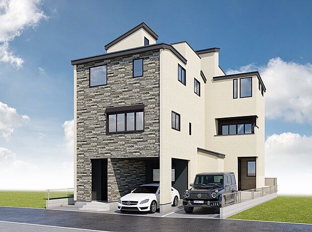 【完成予想パース　-1・2号棟-】木調、石調などナチュラルな素材感の切替で華美ではなく、存在感を静かに主張するデザイン。建築デザイナーが1邸ごとに最適な間取と空間を創ります。