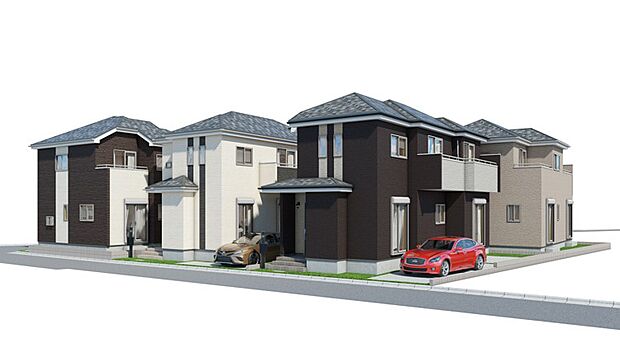 【完成予想パース A-D号棟】落ち着きのあるアースカラーを基調に、シックにまとめた外観。