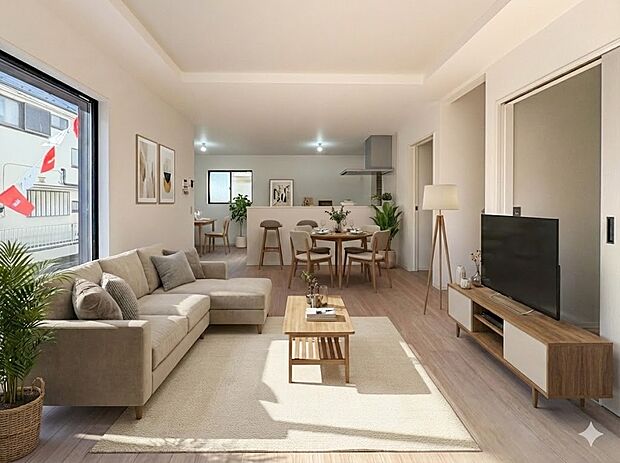 【LDK19.8帖】整然とした空間演出、快適な理想の暮らしの実現は家のみの拘りではなく、そこで暮らす方々にとって素敵な環境である。※現況の物件写真に、CGによる画像処理(家具等の配置)がされ…