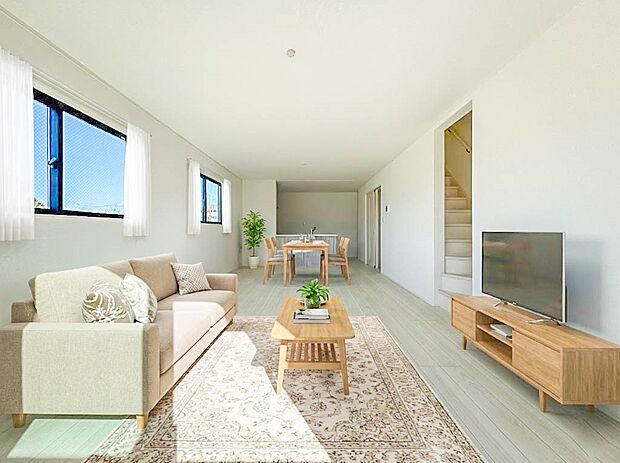 1号棟【LDK20.5帖】インテリアショップで見掛けた「あの家具」も置ける、ゆったりとした空間。時に広さが上質な寛ぎの時間になる事も。※CGにて家具を配置しています。