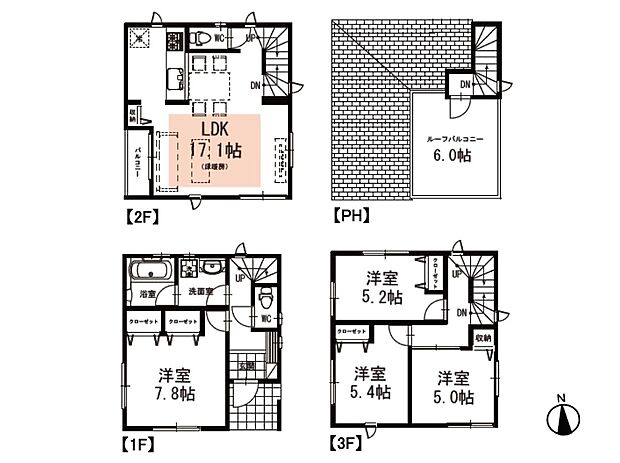 【間取り】屋上の広々としたルーフバルコニーが魅力的な間取りです。