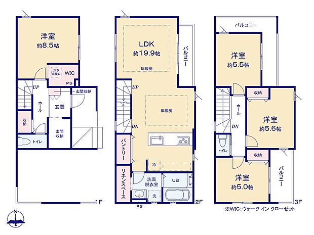 【間取り】大型の土間収納と、19.9帖の広々としたLDKが徳量的な間取りです。