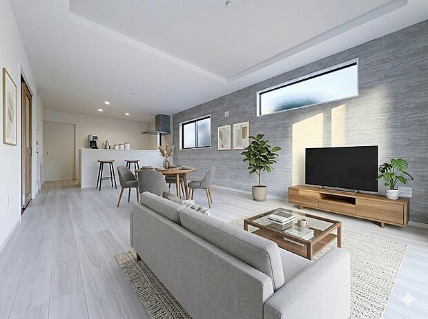 【リビングダイニング19帖】シンプルなデザインの家は風情がある。住む人のこだわりを感じる。外観も内装もいたってシンプル。居心地がよく、家事や趣味、子育てなどにも集中できる。家も人間も熟成する…