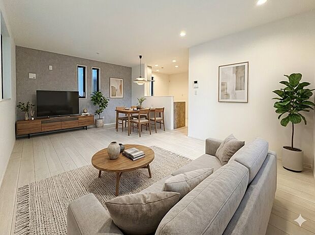 2号棟【LDK16.86帖】快適な理想の暮らしの実現は家のみの拘りではなく、そこで暮らす方々にとって素敵な環境である。※現況の物件写真に、CGによる画像処理（家具等の配置）がされています。