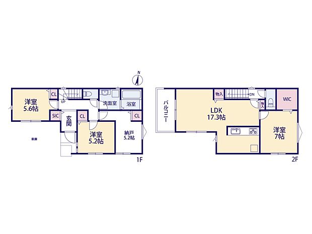 【間取り-3号棟-】2階建て、LDK17.3帖広々としたリビングにWIC・SICなど収納も豊富な間取りです。